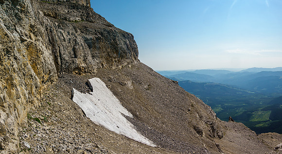 Traversing over the snow patch.
