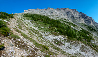 Views up the east face from the east avalanche access gully.