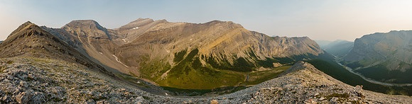 Our approach route up North Burnt Timber Creek at right. Our route to Mount Oliver at left.