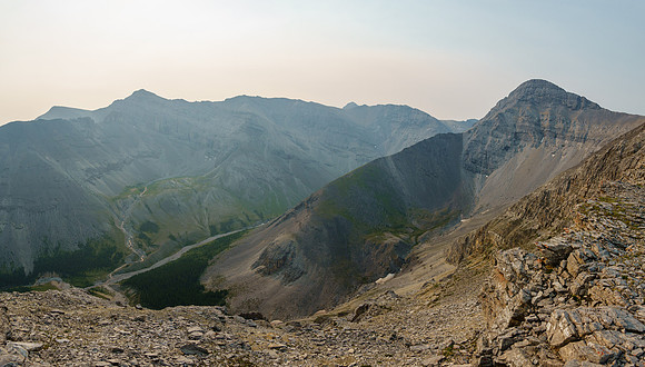 Our alternate descent valley in the fg leading down to North Burnt Timber Creek at left.