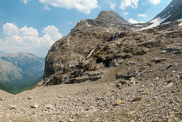 Descending the NW access drainage back to lower east slopes.
