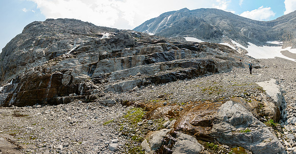 Karst, ledges and waterfalls as we turn up NW slopes of Cone Mountain.