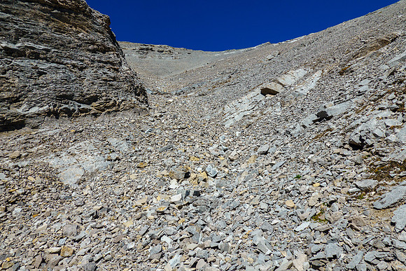 Scree in the SW bowl beneath the summit of Otuskwan Peak.
