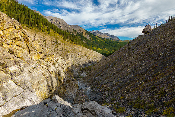 Looking back down the creek - note the rock at upper right.