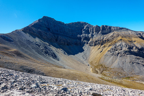 "Chupacabra" Peak is impressive over a lovely alpine meadow.