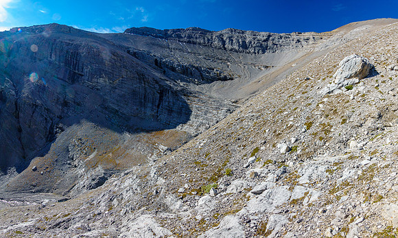 Traversing into the NW bowl under the peak (upper left).