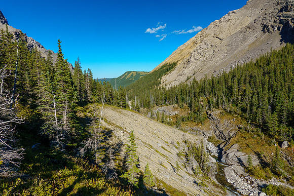Traversing above Sheep Creek with my exit route at left.