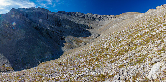 Traversing into the NW bowl under the peak (upper left).