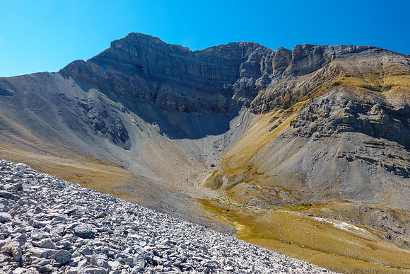"Chupacabra" Peak is impressive over a lovely alpine meadow.