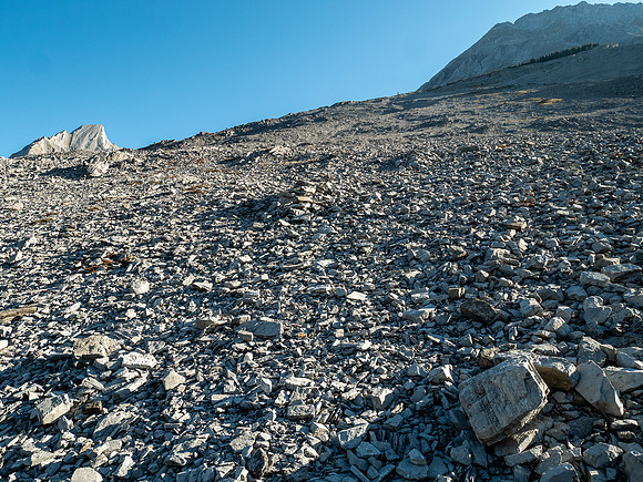 Hiking up rubble slopes SW of Mount Mercer.
