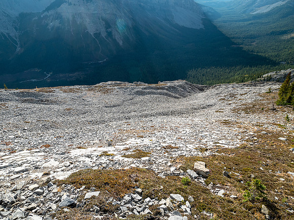 Descending SW rubble slopes to Bryant Creek.
