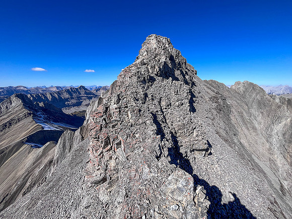 Traversing back along the difficult south ridge of Allenby.