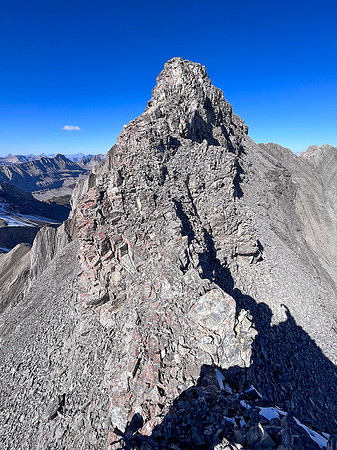 Traversing back along the difficult south ridge of Allenby.