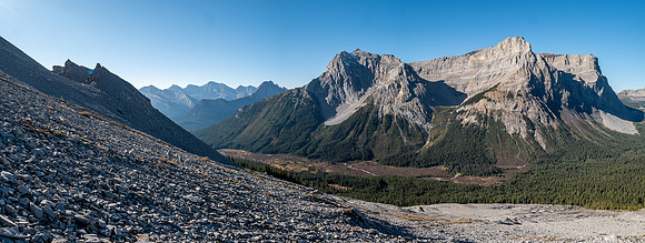 Hiking up rubble slopes SW of Mount Mercer.