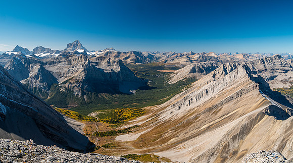 Views over Mercer Creek valley to Assiniboine Pass and area.