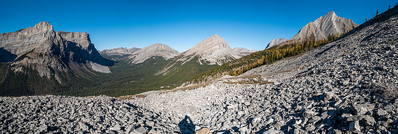 Hiking up rubble slopes SW of Mount Mercer.