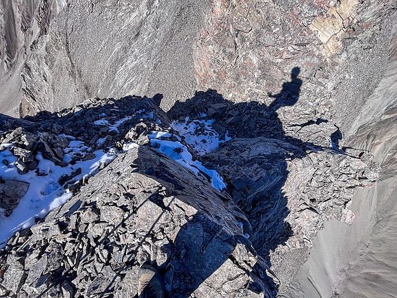 Traversing back along the difficult south ridge of Allenby.