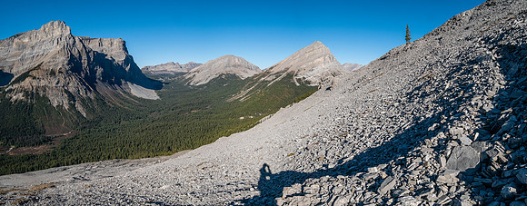 Hiking up rubble slopes SW of Mount Mercer.