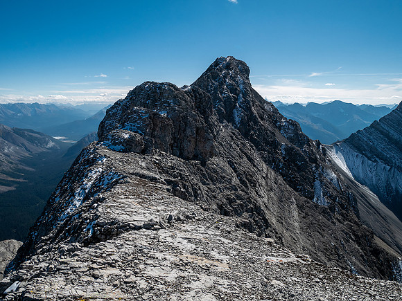 Traversing back along the difficult south ridge of Allenby.