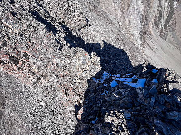 Traversing back along the difficult south ridge of Allenby.