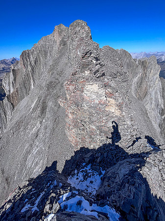 Traversing back along the difficult south ridge of Allenby.