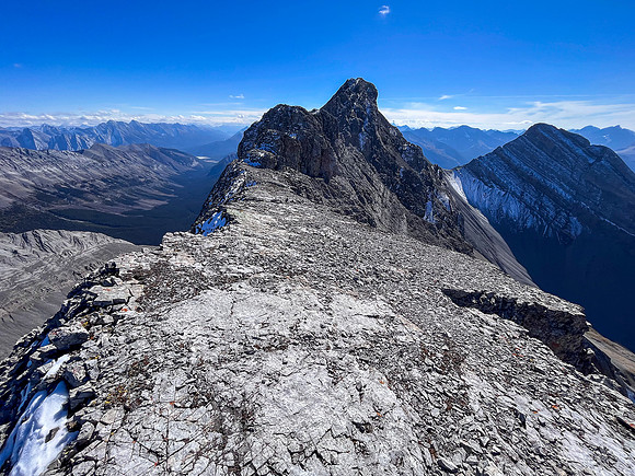 Traversing back along the difficult south ridge of Allenby.