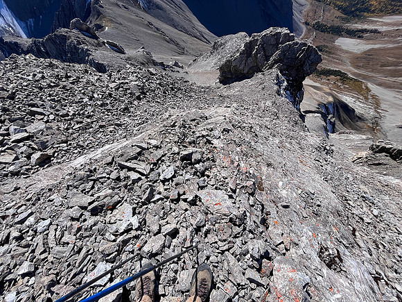 Downclimbing off the south end of the south ridge.
