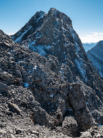 Traversing back along the difficult south ridge of Allenby.