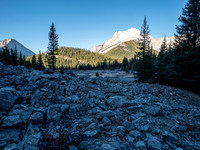 The Bryant Creek Shelter sits across a frozen meadow.
