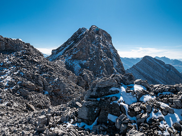 Traversing back along the difficult south ridge of Allenby.