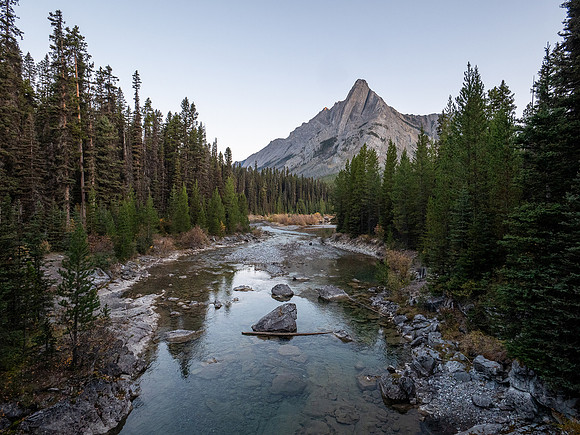 Views to Cone Mountain over the Spray River.