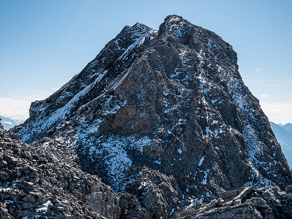 Traversing back along the difficult south ridge of Allenby.