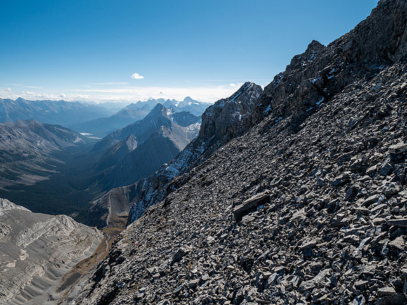 Traversing back along the difficult south ridge of Allenby.