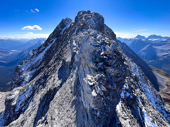 Traversing back along the difficult south ridge of Allenby.