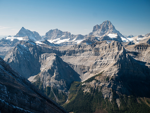 Views over Mount Cautley to Eon, Aye, Lunette and Mount Assiniboine.