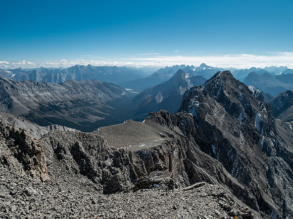 Traversing back along the difficult south ridge of Allenby.