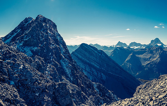 Traversing back along the difficult south ridge of Allenby.