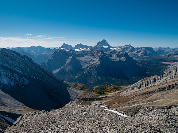 Views over Mount Cautley to Mount Assiniboine.