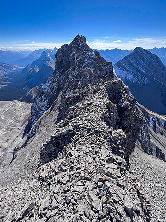 Traversing back along the difficult south ridge of Allenby.