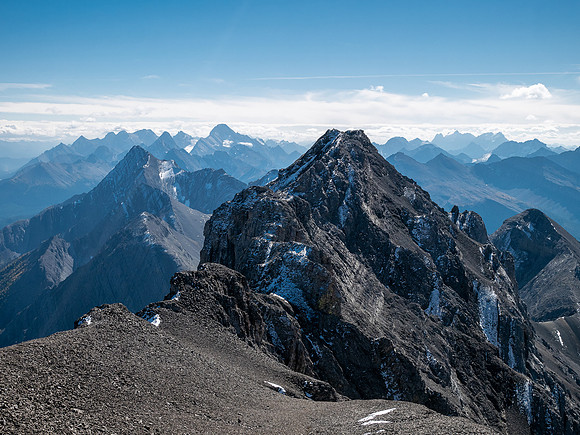 Traversing back along the difficult south ridge of Allenby.