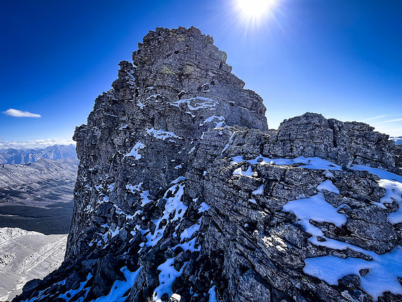 Traversing back along the difficult south ridge of Allenby.