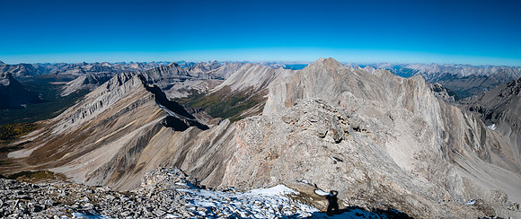 Views west (L) and north (R) along the south ridge of Mount Allenby to the summit.