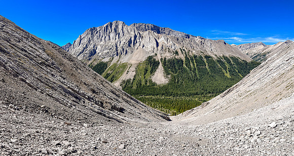 Descending rubble slopes back to the North Fork Pass trail.