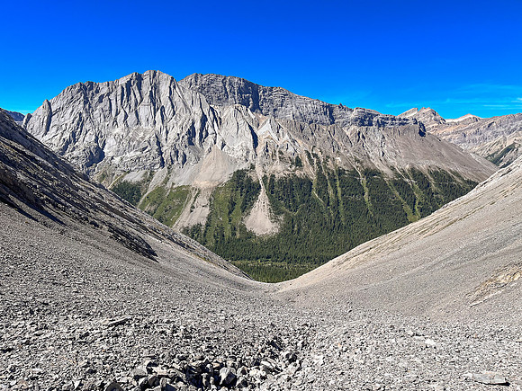 Descending rubble slopes back to the North Fork Pass trail.