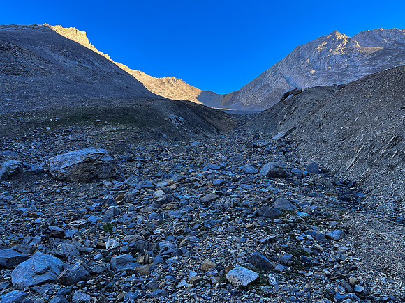 Hiking up the west rubble access drainage.