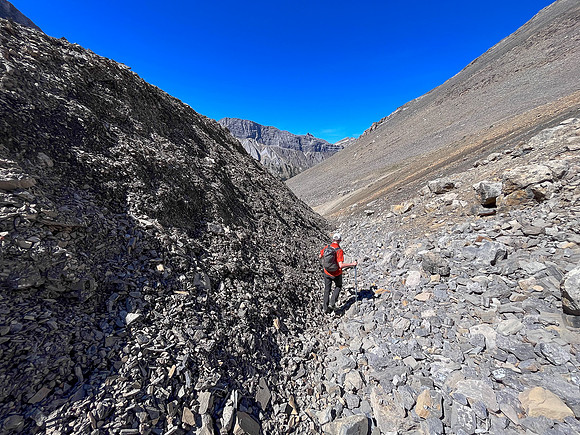 Descending rubble slopes back to the North Fork Pass trail.