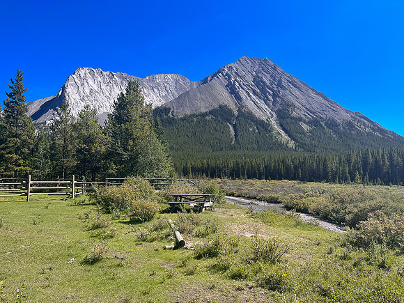 Hiking back along the Cascade River past the Warden Cabin.