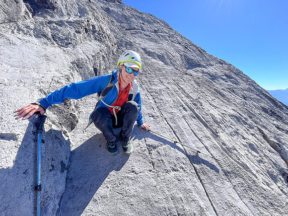 Descending the steep upper west face of Cuthead Peak.
