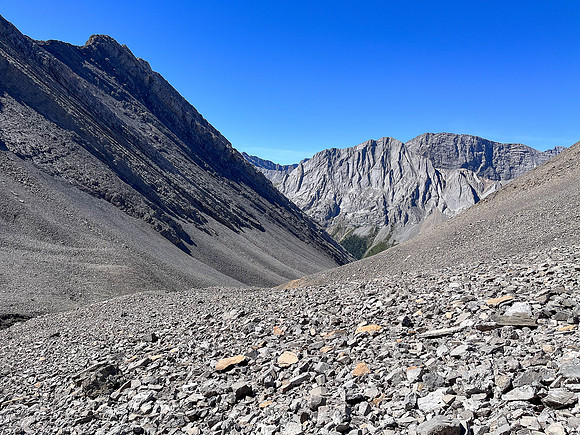 Descending rubble slopes back to the North Fork Pass trail.