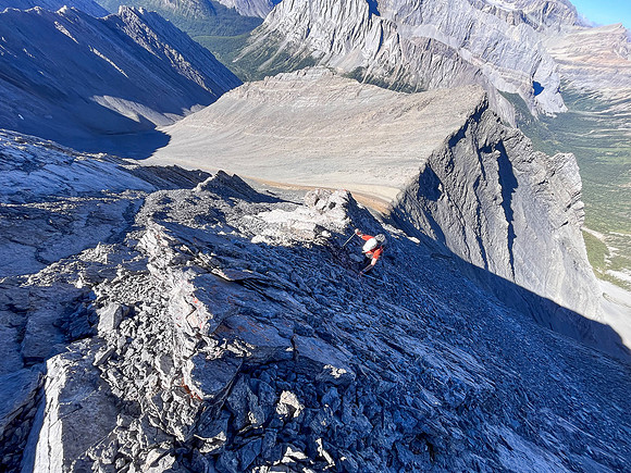 Ascending the steep upper west face of Cuthead Peak.